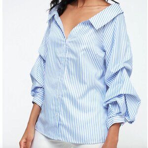 Lulu's Dylan Blue and White Striped Button-Up Long Sleeve Top
